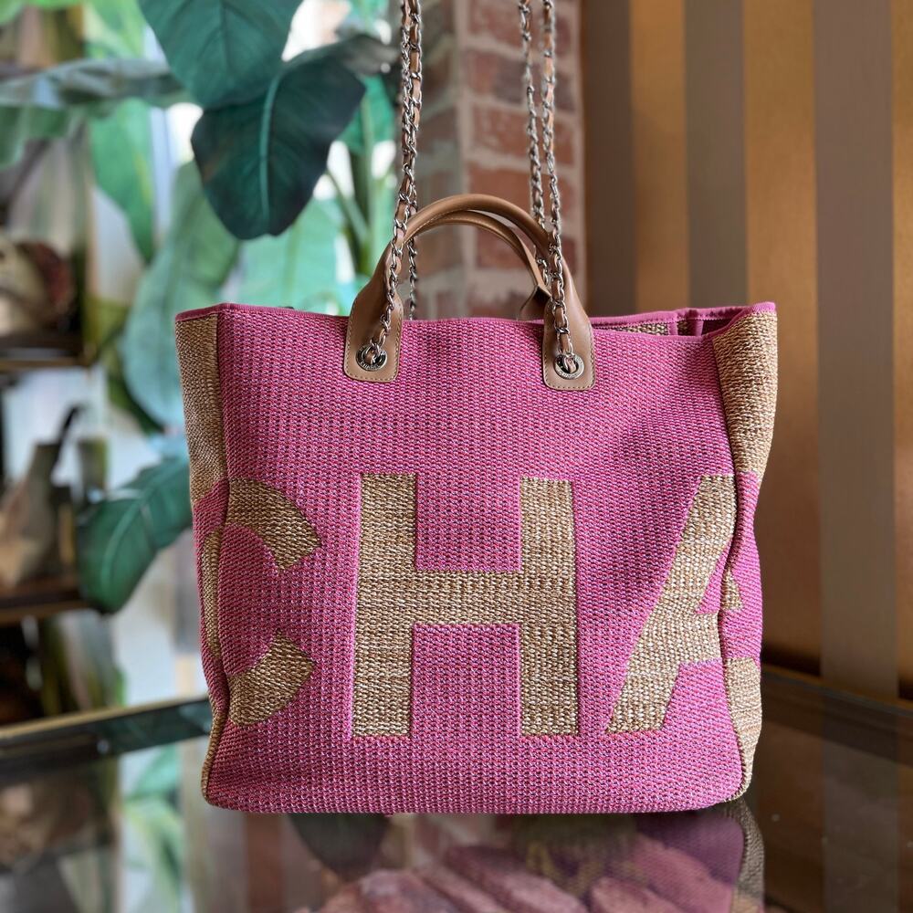 CHANEL Deauville Large Printed Logo Mixed Fibers Shopping Tote - Picture 1 of 15